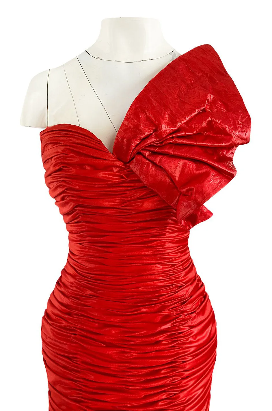 Dramatic 1987 Loris Azzaro Brilliant Red Strapless 'Flame' Dress w Flaring Skirts & Shoulder