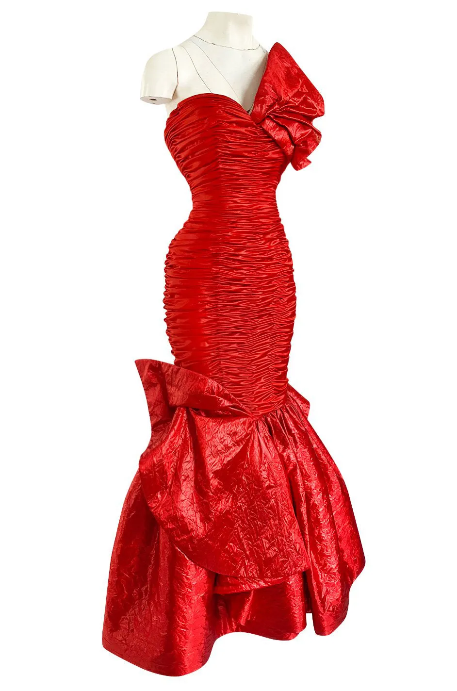 Dramatic 1987 Loris Azzaro Brilliant Red Strapless 'Flame' Dress w Flaring Skirts & Shoulder