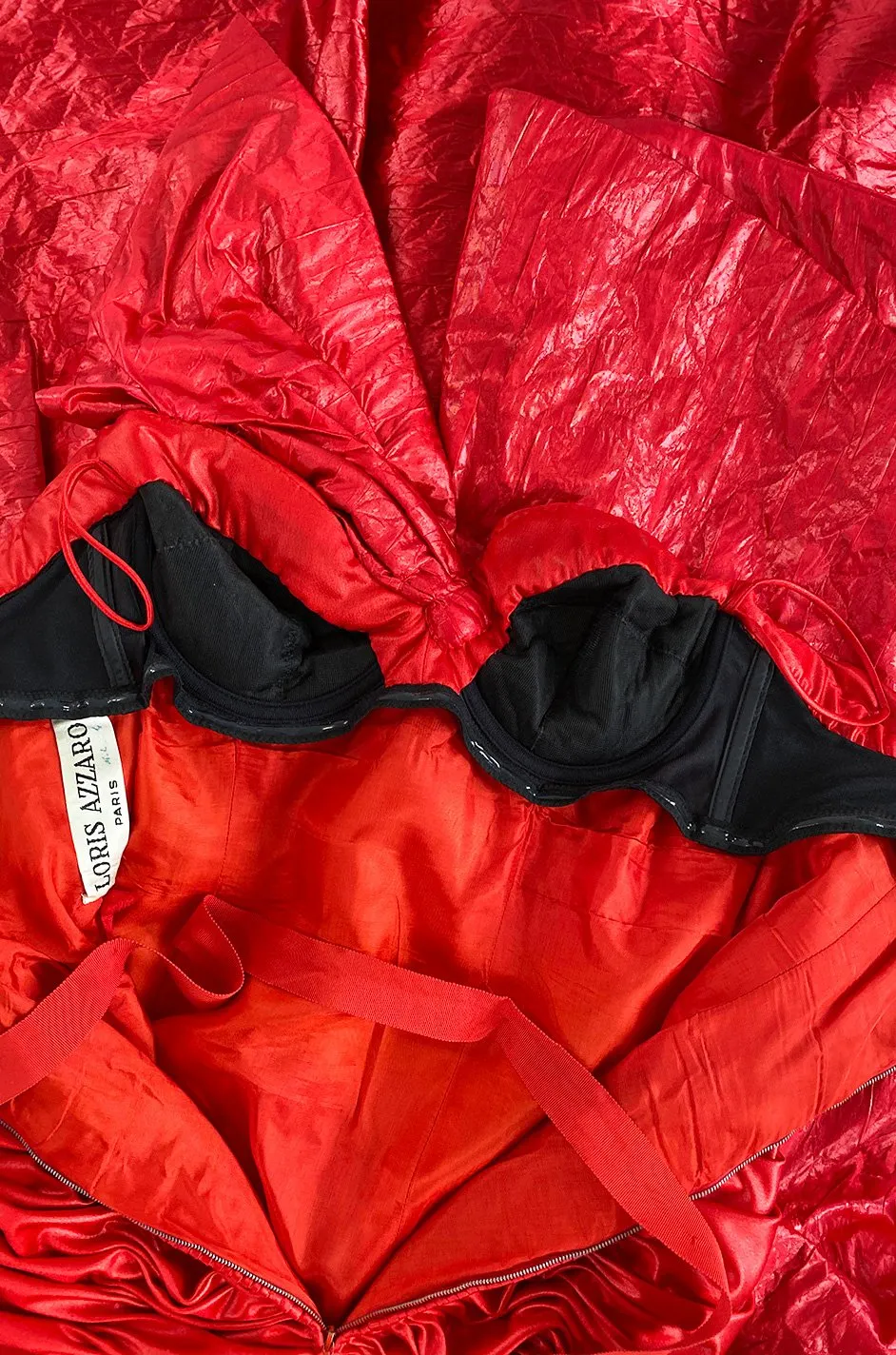 Dramatic 1987 Loris Azzaro Brilliant Red Strapless 'Flame' Dress w Flaring Skirts & Shoulder