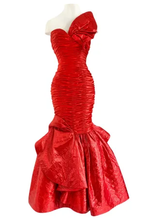 Dramatic 1987 Loris Azzaro Brilliant Red Strapless 'Flame' Dress w Flaring Skirts & Shoulder