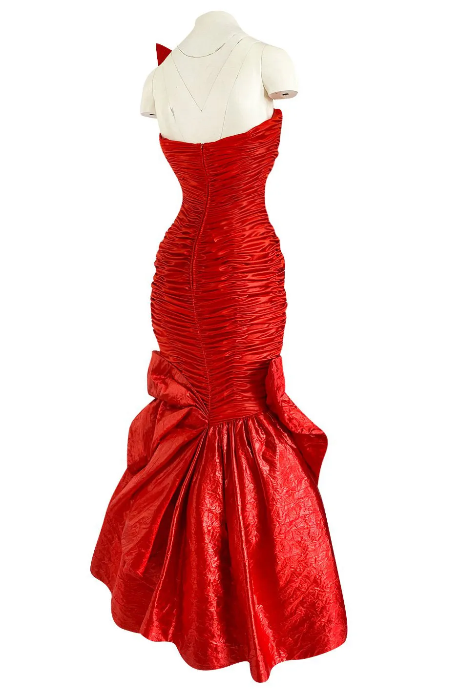 Dramatic 1987 Loris Azzaro Brilliant Red Strapless 'Flame' Dress w Flaring Skirts & Shoulder