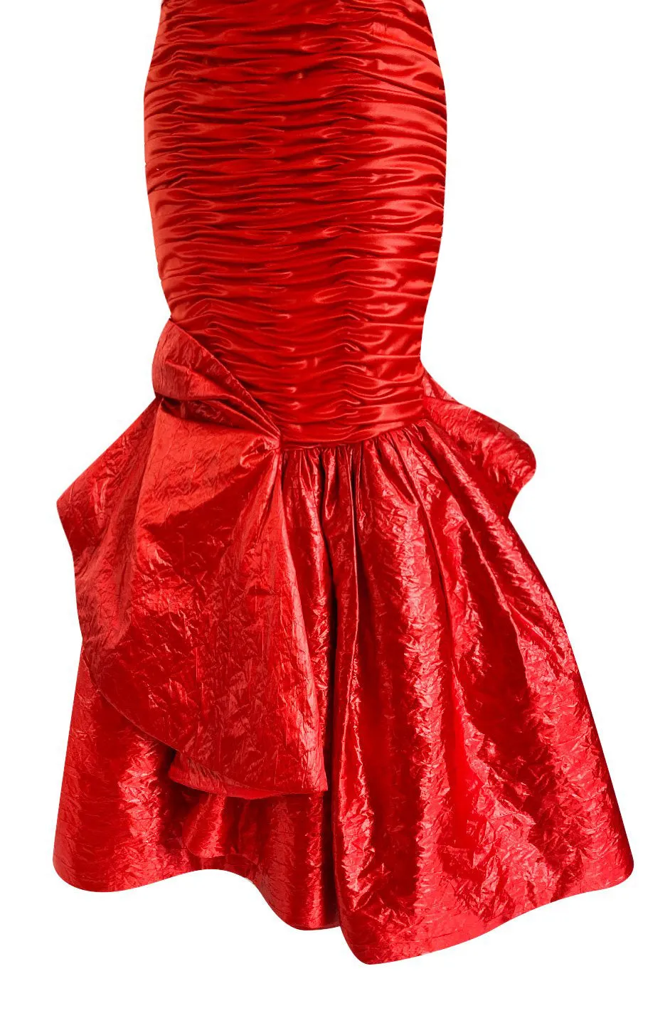 Dramatic 1987 Loris Azzaro Brilliant Red Strapless 'Flame' Dress w Flaring Skirts & Shoulder