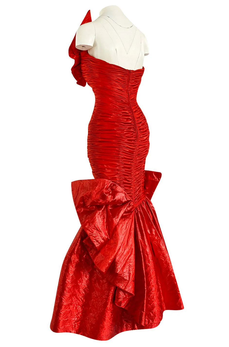 Dramatic 1987 Loris Azzaro Brilliant Red Strapless 'Flame' Dress w Flaring Skirts & Shoulder