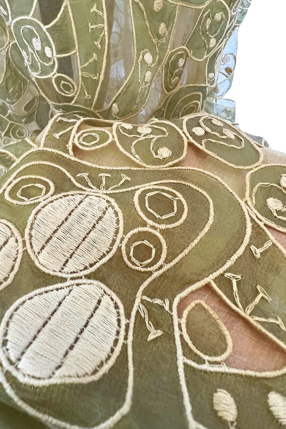Early 1960s Carven Couture Pale Green Silk Organdy Embroidered Cut Out Dress