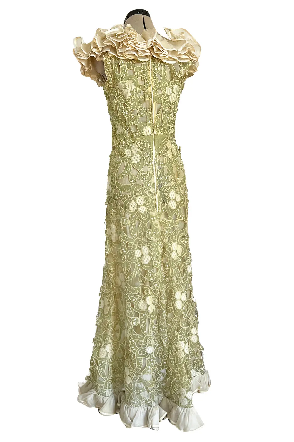 Early 1960s Carven Couture Pale Green Silk Organdy Embroidered Cut Out Dress