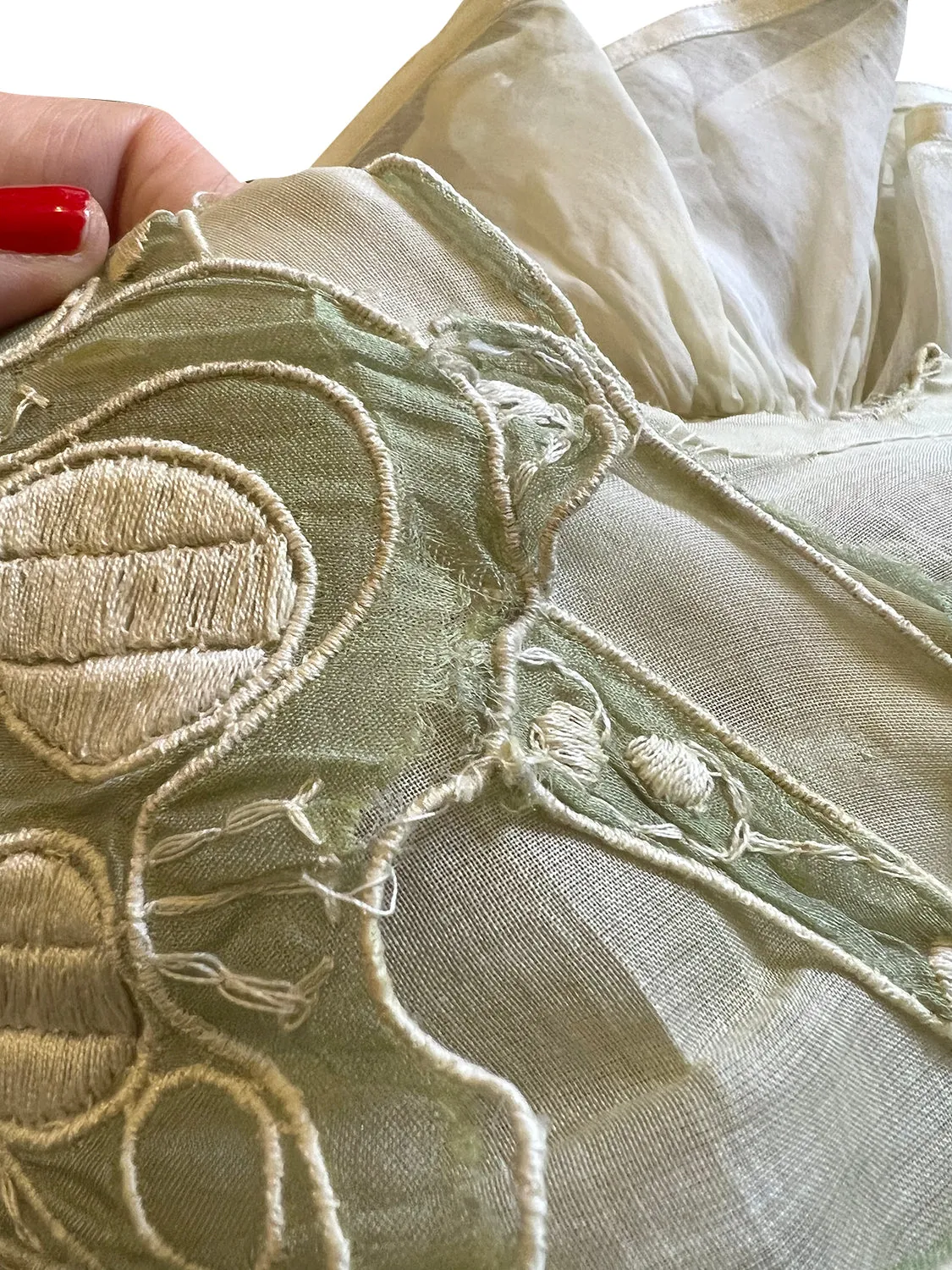 Early 1960s Carven Couture Pale Green Silk Organdy Embroidered Cut Out Dress