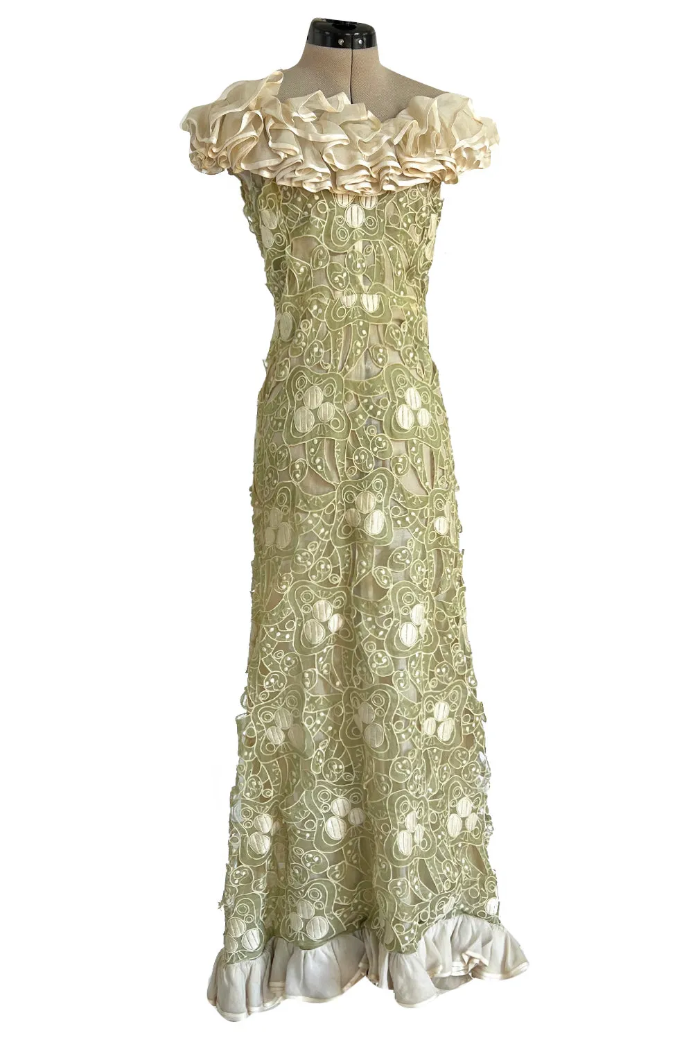Early 1960s Carven Couture Pale Green Silk Organdy Embroidered Cut Out Dress