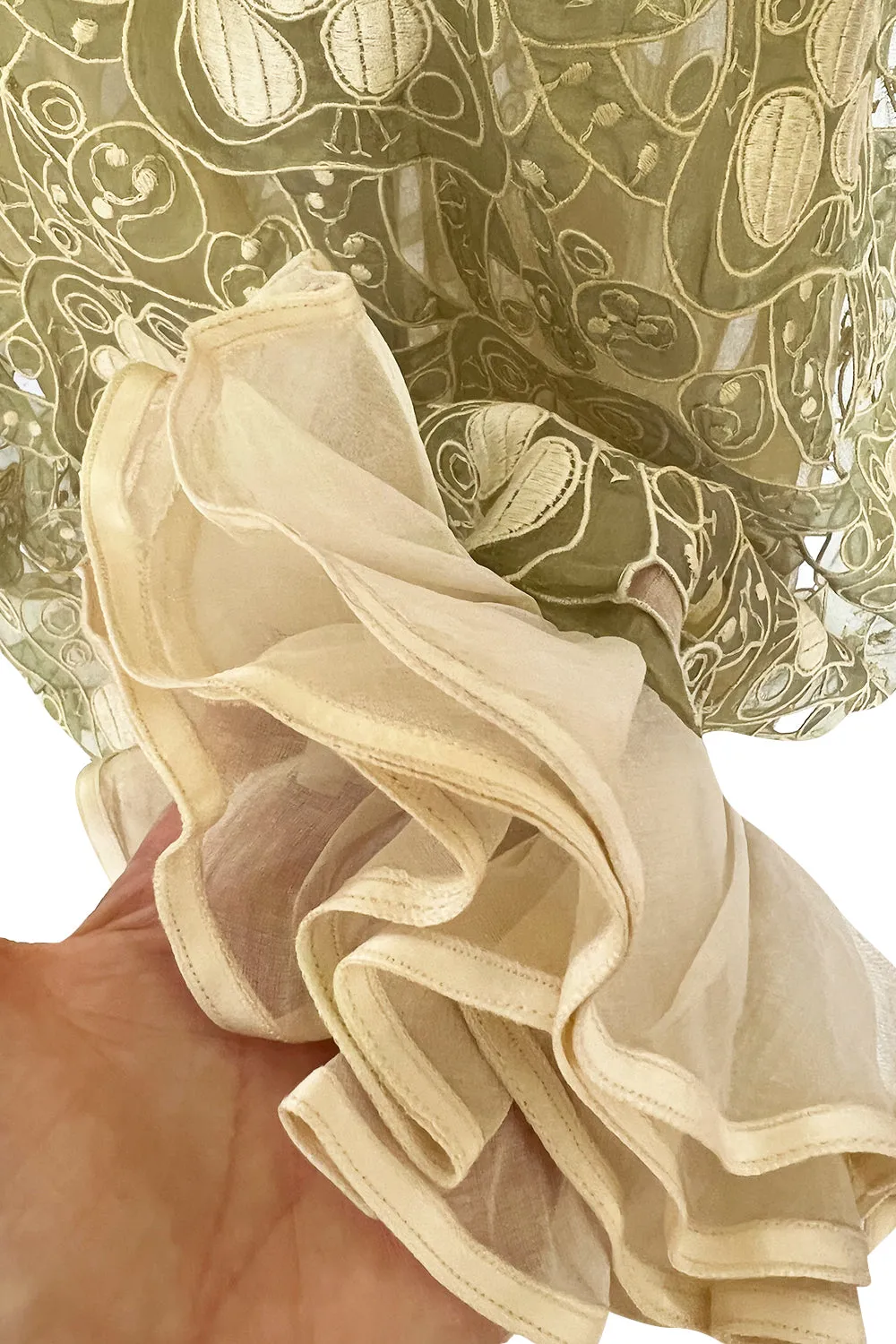 Early 1960s Carven Couture Pale Green Silk Organdy Embroidered Cut Out Dress