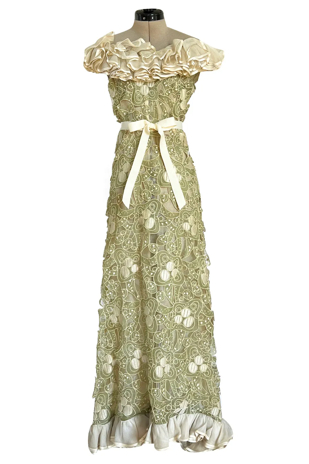 Early 1960s Carven Couture Pale Green Silk Organdy Embroidered Cut Out Dress