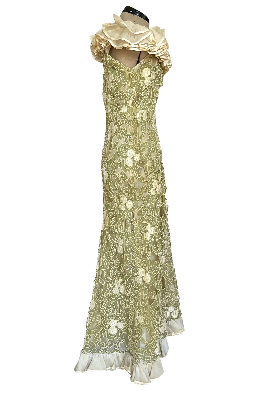 Early 1960s Carven Couture Pale Green Silk Organdy Embroidered Cut Out Dress