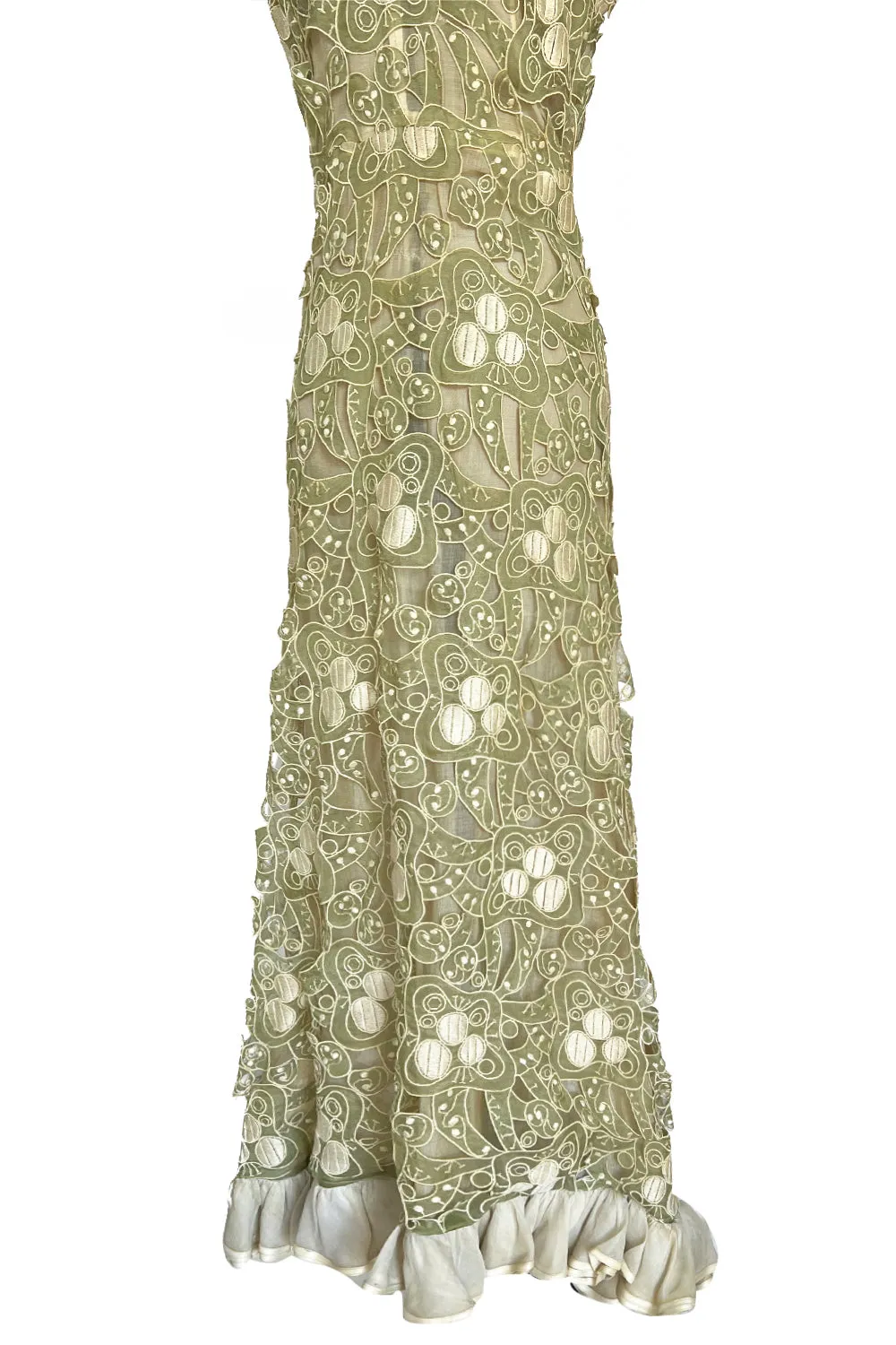 Early 1960s Carven Couture Pale Green Silk Organdy Embroidered Cut Out Dress