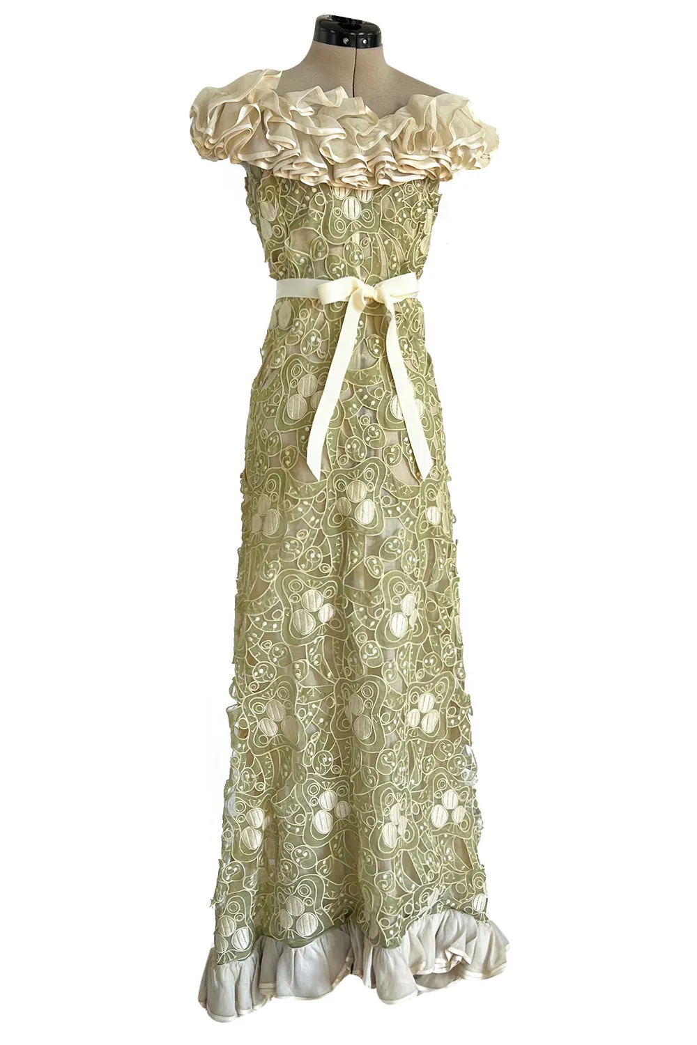 Early 1960s Carven Couture Pale Green Silk Organdy Embroidered Cut Out Dress