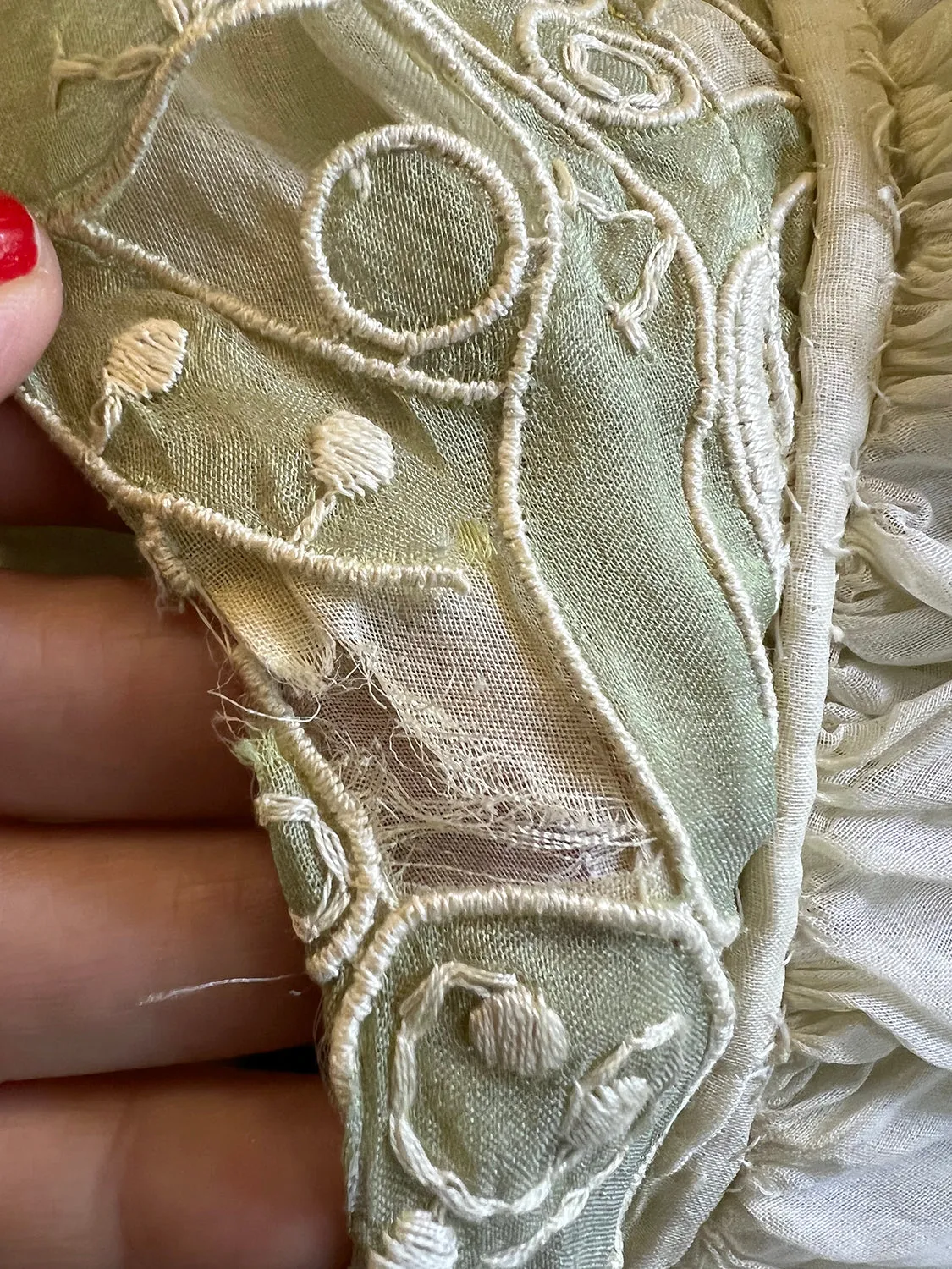 Early 1960s Carven Couture Pale Green Silk Organdy Embroidered Cut Out Dress