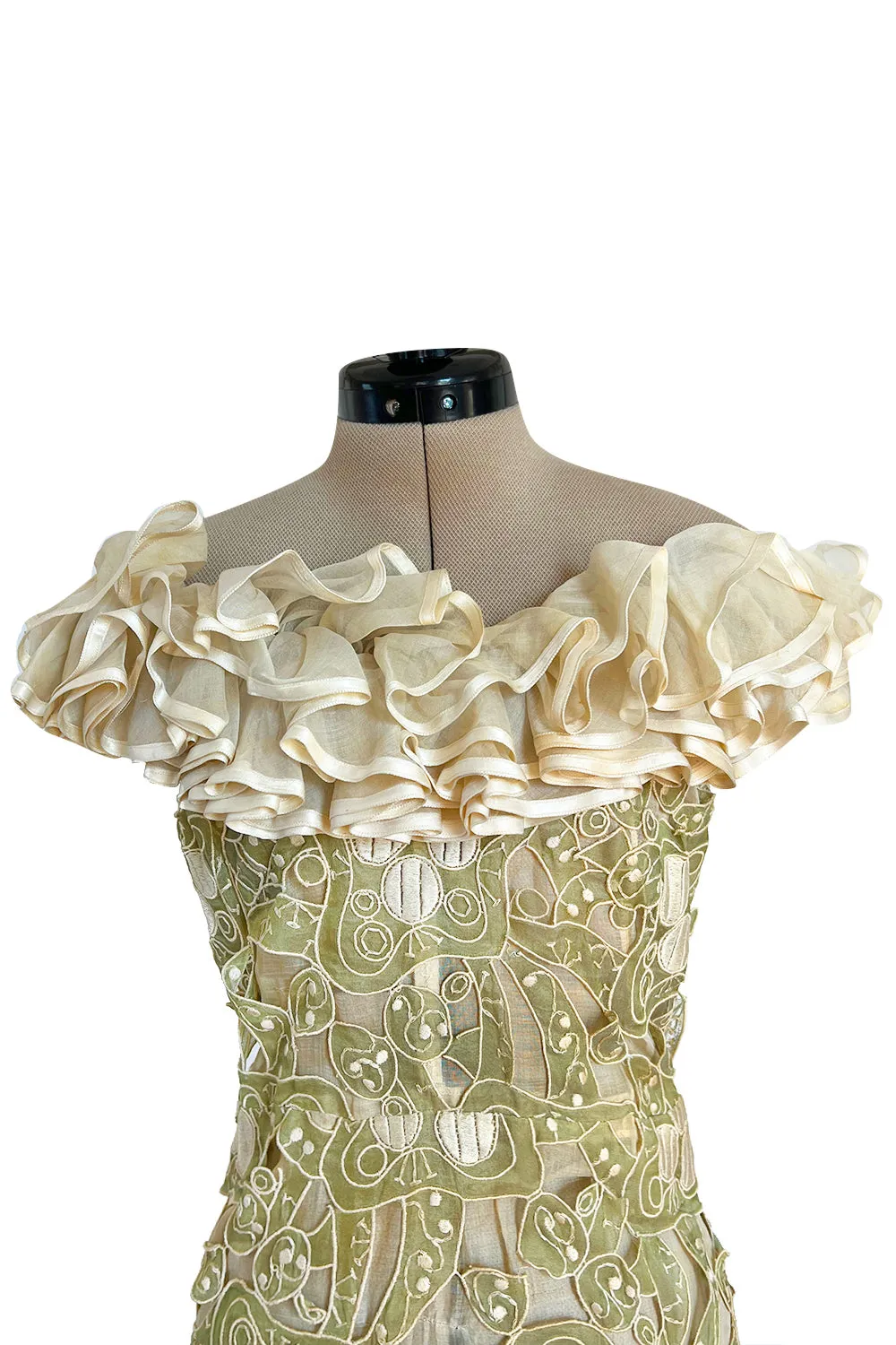 Early 1960s Carven Couture Pale Green Silk Organdy Embroidered Cut Out Dress