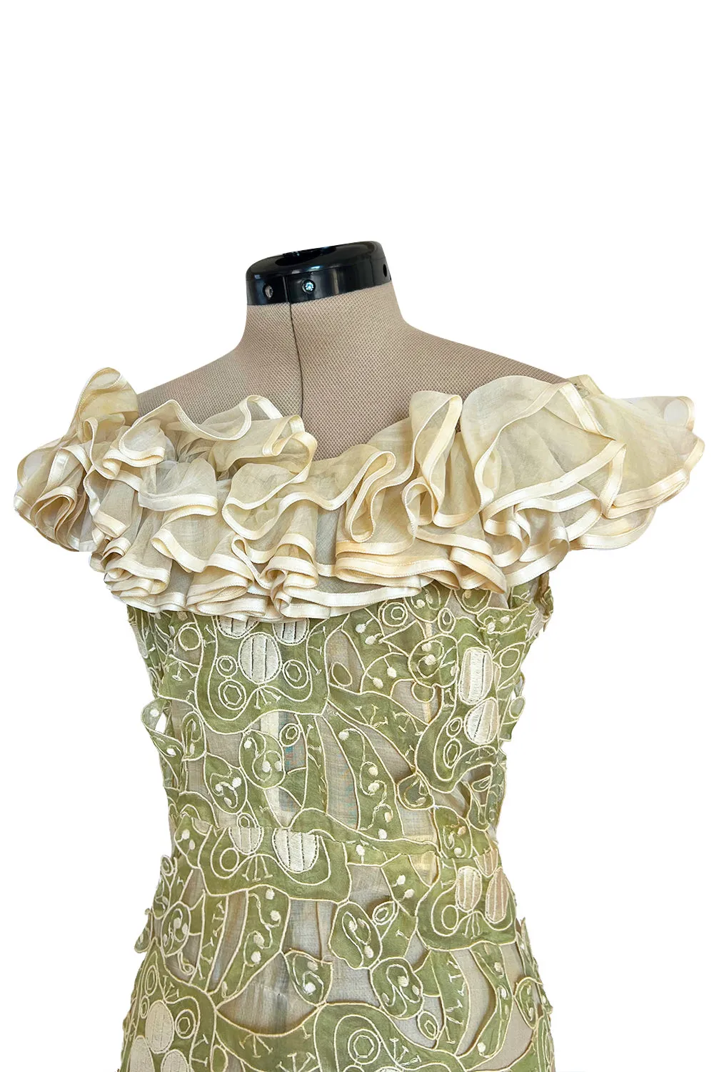 Early 1960s Carven Couture Pale Green Silk Organdy Embroidered Cut Out Dress