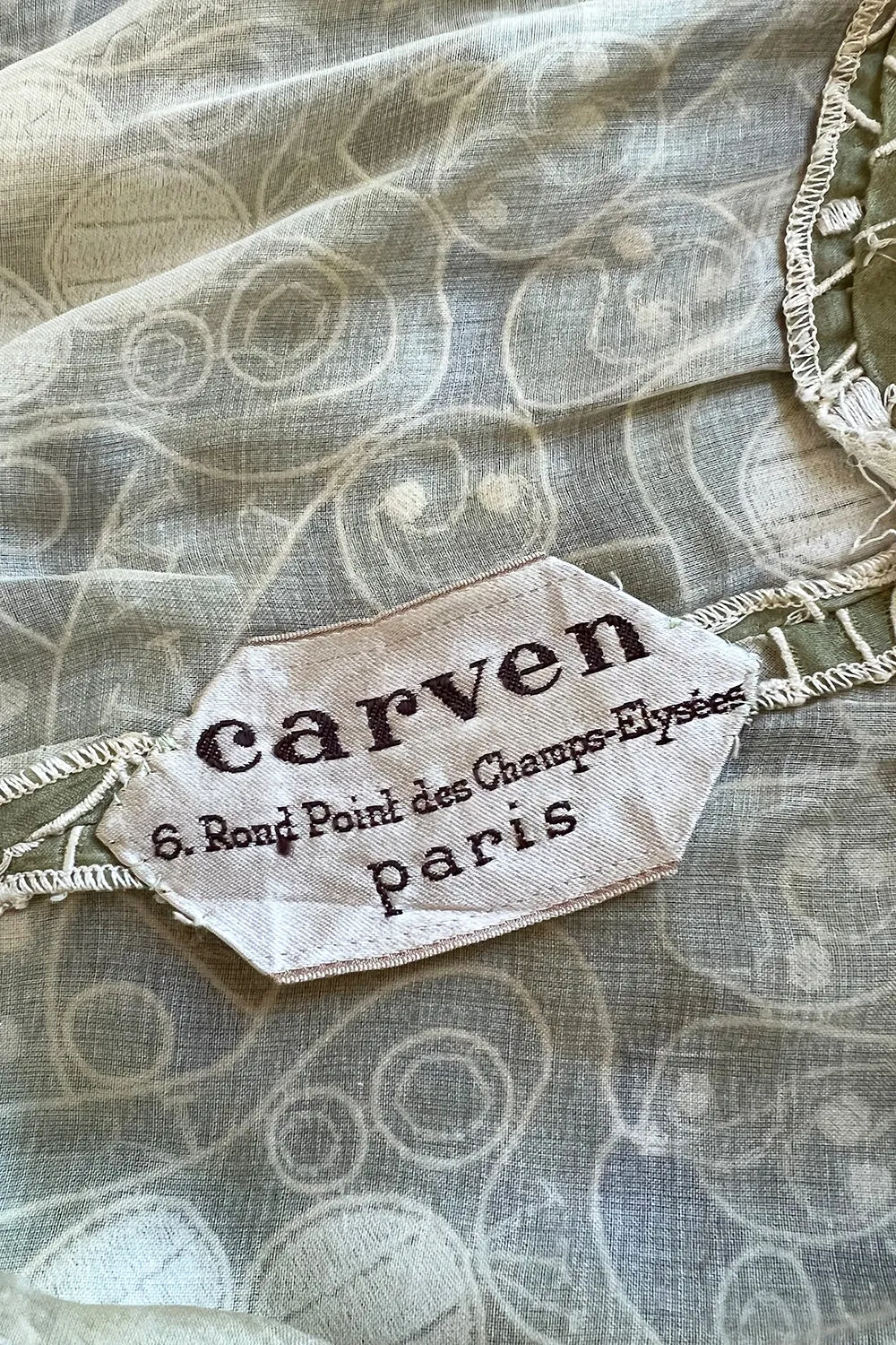 Early 1960s Carven Couture Pale Green Silk Organdy Embroidered Cut Out Dress
