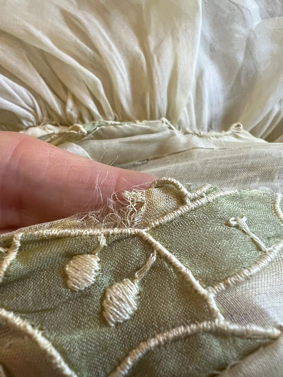 Early 1960s Carven Couture Pale Green Silk Organdy Embroidered Cut Out Dress