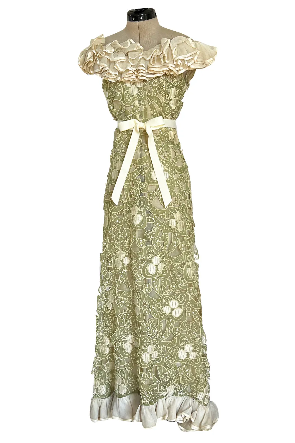 Early 1960s Carven Couture Pale Green Silk Organdy Embroidered Cut Out Dress