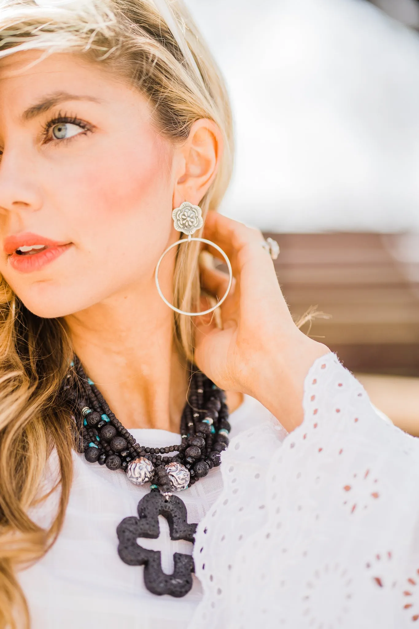Earrings, Large Hoops in Sterling Silver with Floral Post, SALE!