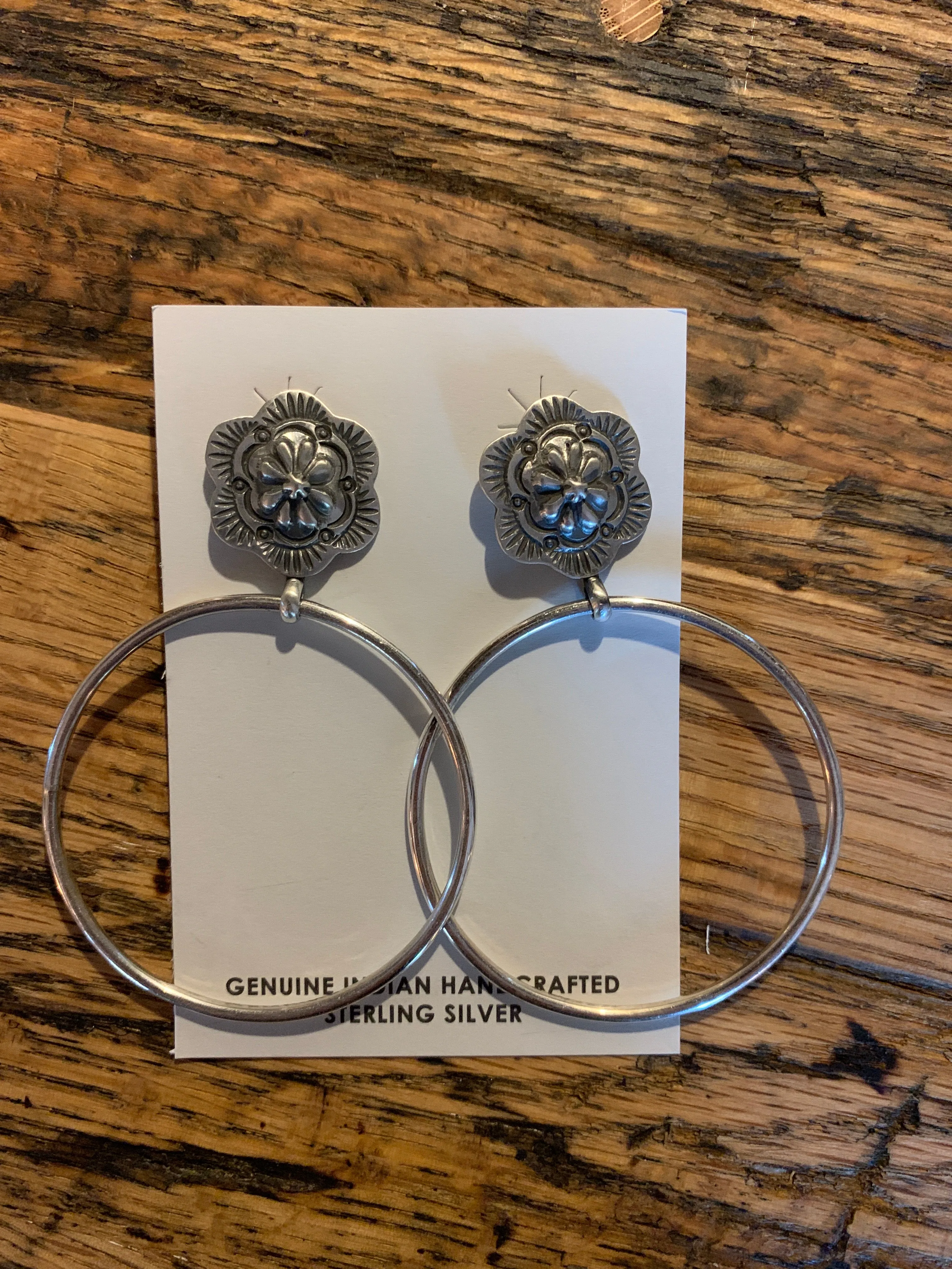 Earrings, Large Hoops in Sterling Silver with Floral Post, SALE!