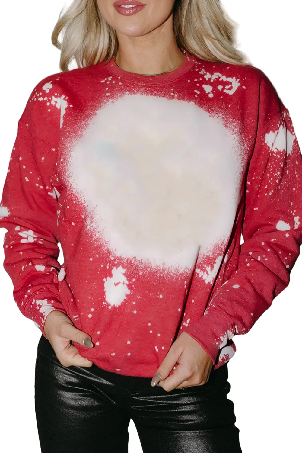 Fiery Red Bleached Tie-dye Print Crew Neck Long Sleeve Top