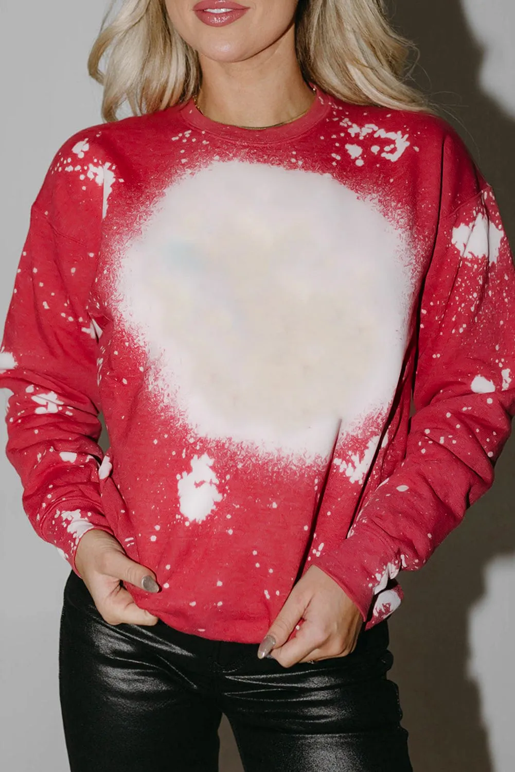 Fiery Red Bleached Tie-dye Print Crew Neck Long Sleeve Top