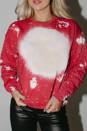 Fiery Red Bleached Tie-dye Print Crew Neck Long Sleeve Top