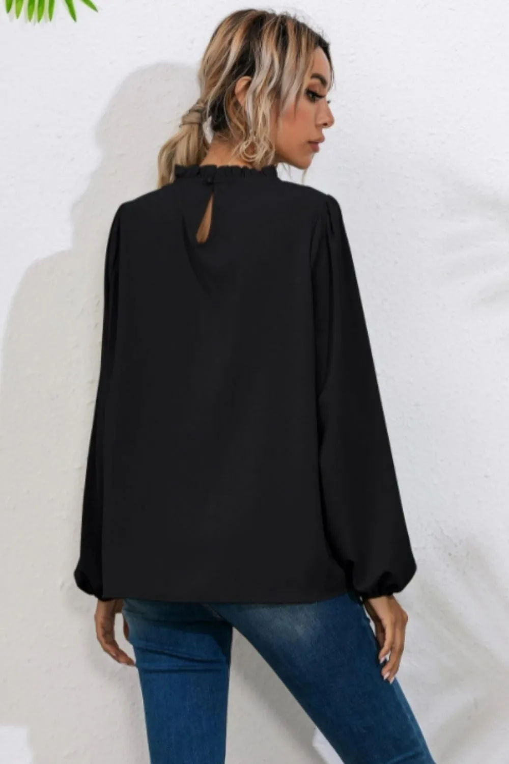 Frill Neck Full Sleeves Black Top