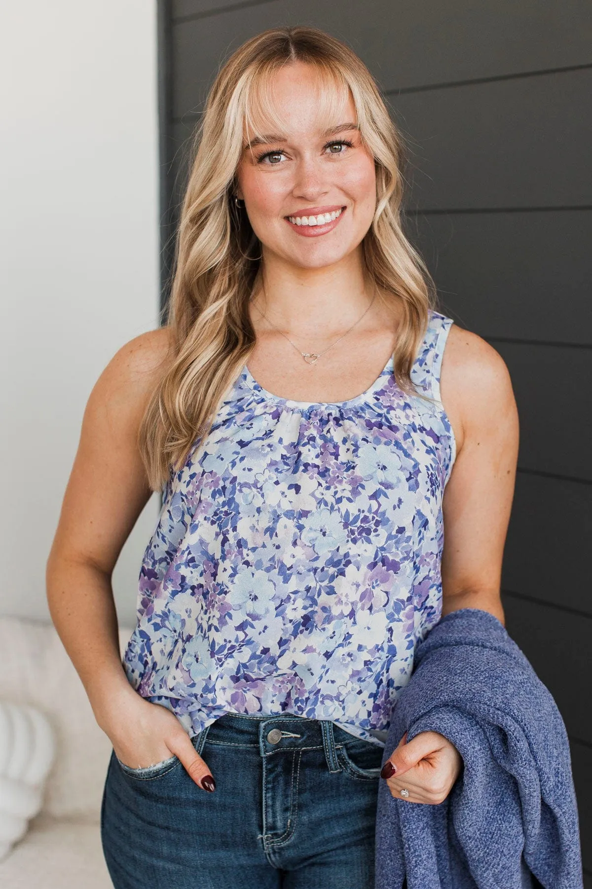 Garden Strolls Floral Tank Top- Blue