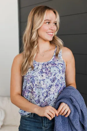 Garden Strolls Floral Tank Top- Blue