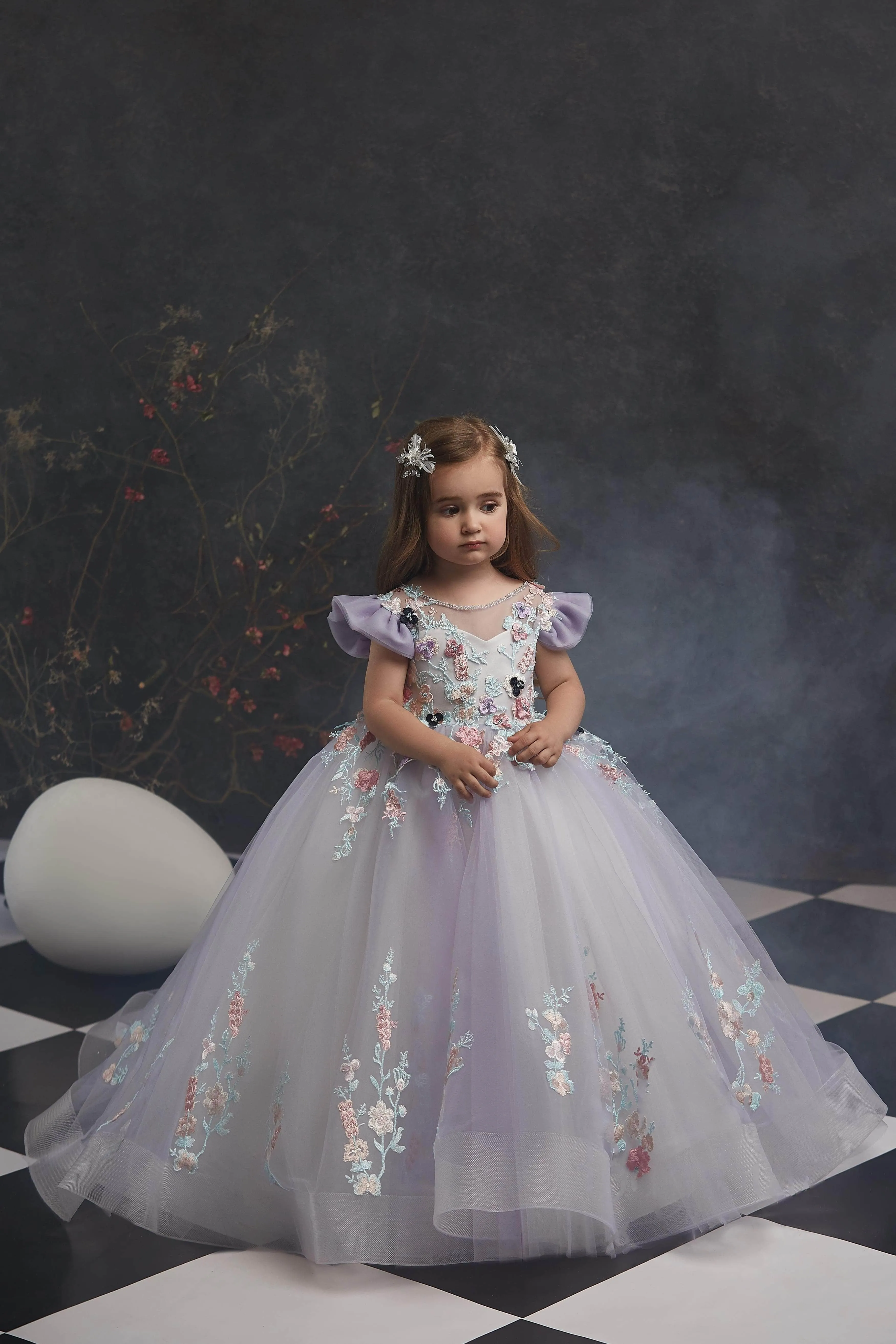 Girls Long Lavender Flower Girl Dress