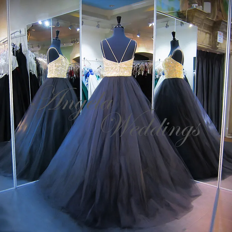 Gold Black Quinceanera Dresses 2018 Sexy Tulle Ball Gowns Real
