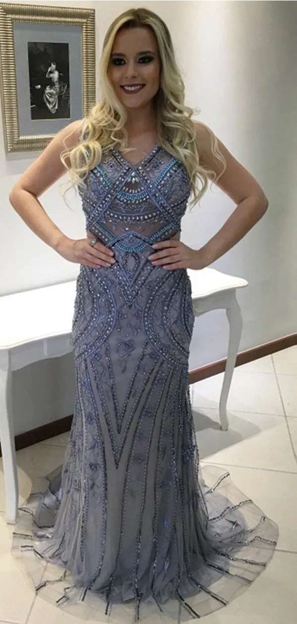 Gorgeous V-Neck Rhinestone Beaded Long Mermaid Tulle Prom Dresses, BG0163
