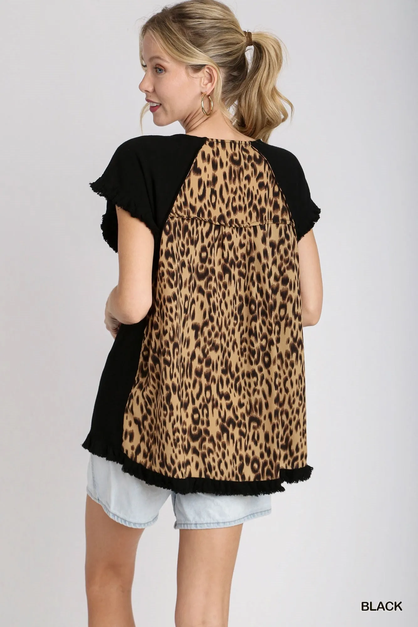 Grace Ruffle Sleeve Round Neck Top with Animal Print Back In Black
