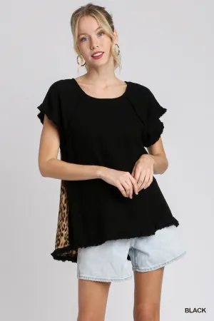 Grace Ruffle Sleeve Round Neck Top with Animal Print Back In Black