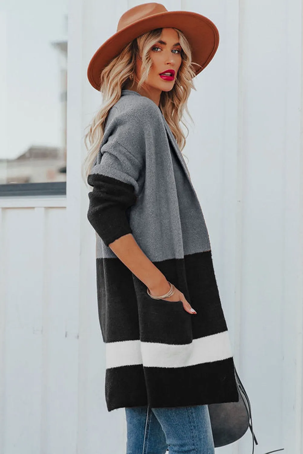 Gray Brown Gingerbread Latte Colorblock Pocketed Cardigan