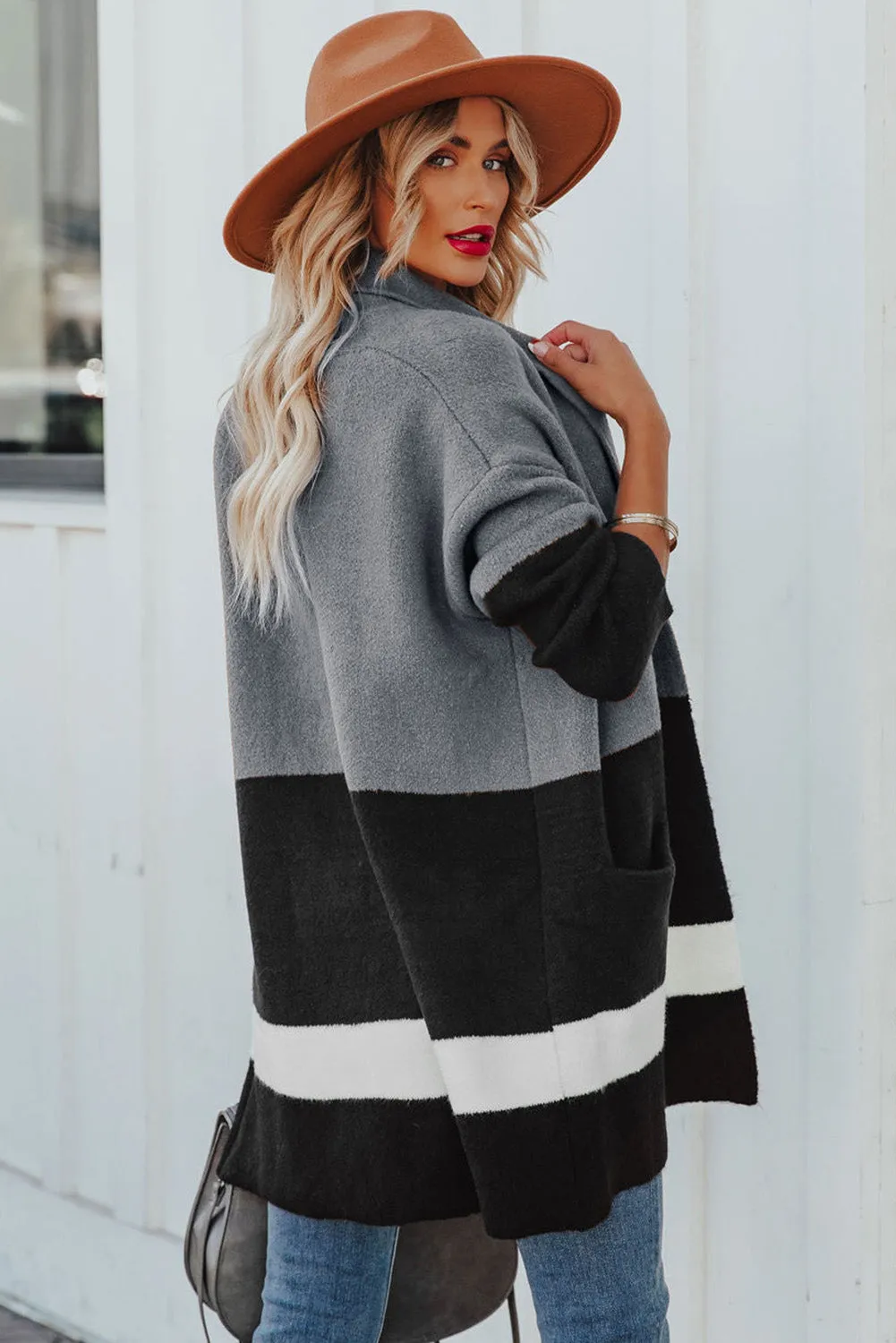 Gray Brown Gingerbread Latte Colorblock Pocketed Cardigan
