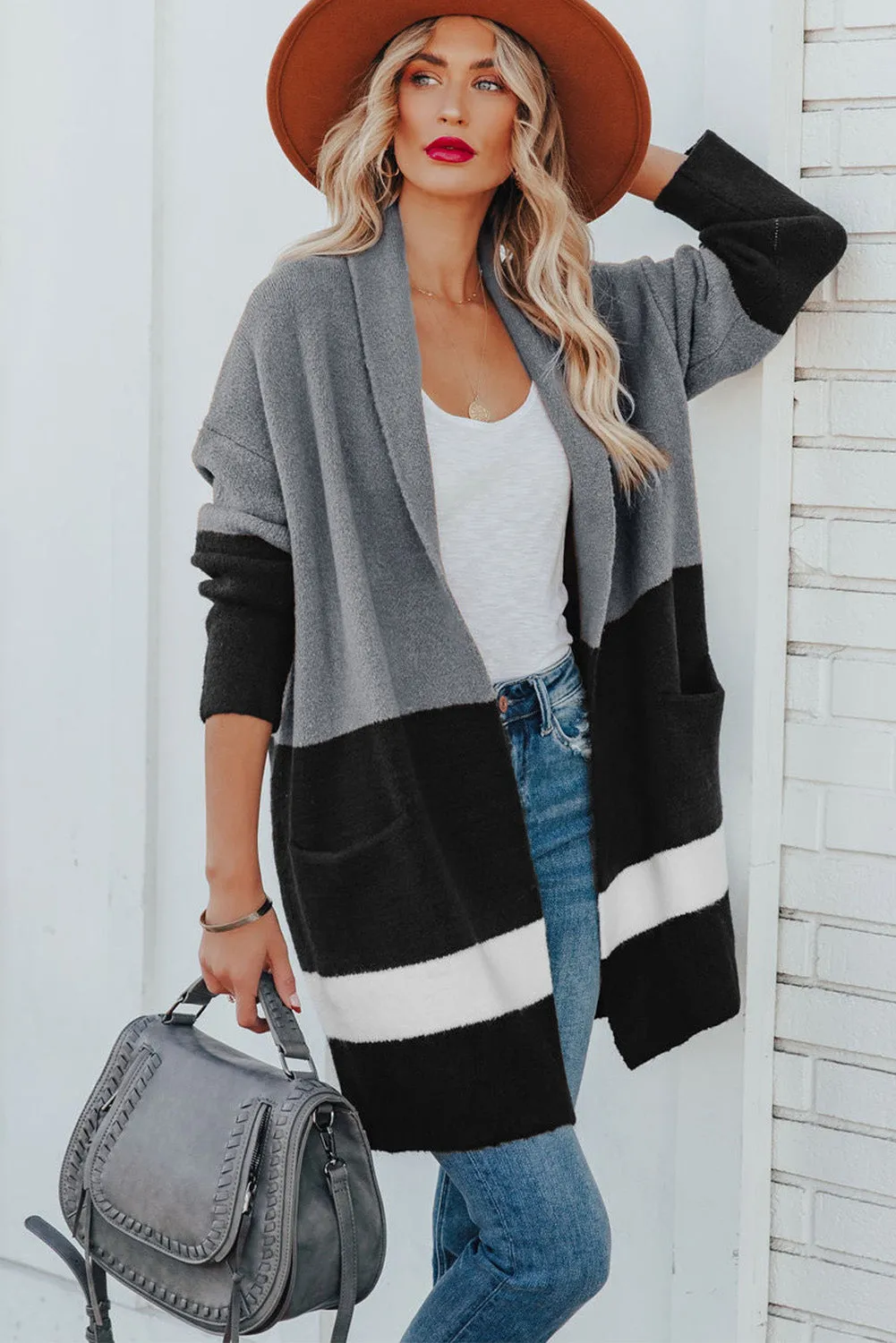 Gray Brown Gingerbread Latte Colorblock Pocketed Cardigan