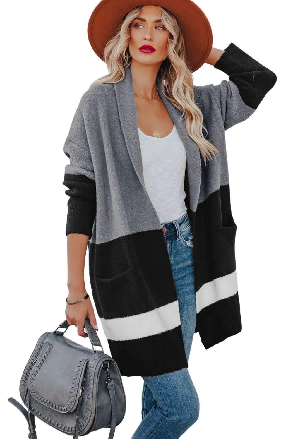 Gray Brown Gingerbread Latte Colorblock Pocketed Cardigan