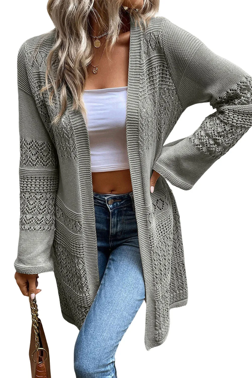 Gray Pointelle Knit Open Front Cardigan