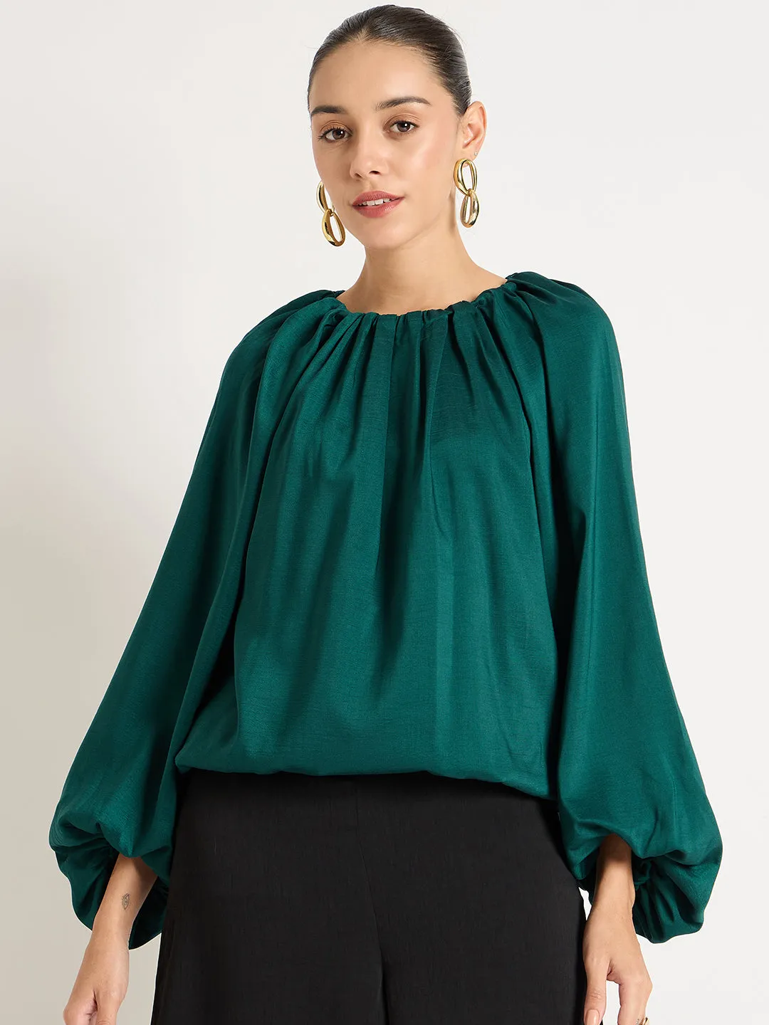 Green Balloon Round Neck Top
