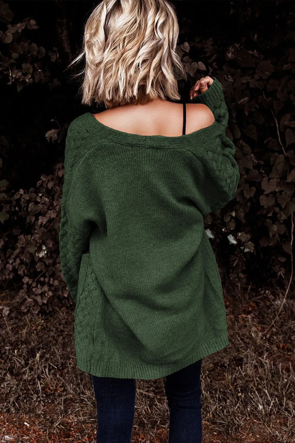 Green Brown Open Front Woven Texture Knitted Cardigan with Pockets
