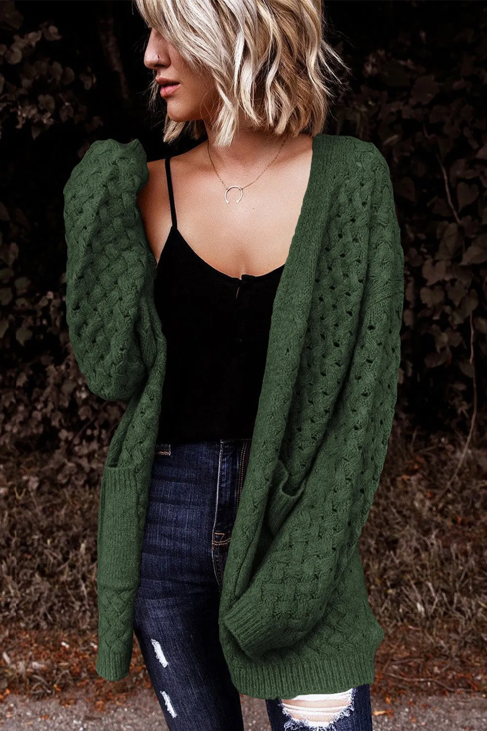 Green Brown Open Front Woven Texture Knitted Cardigan with Pockets