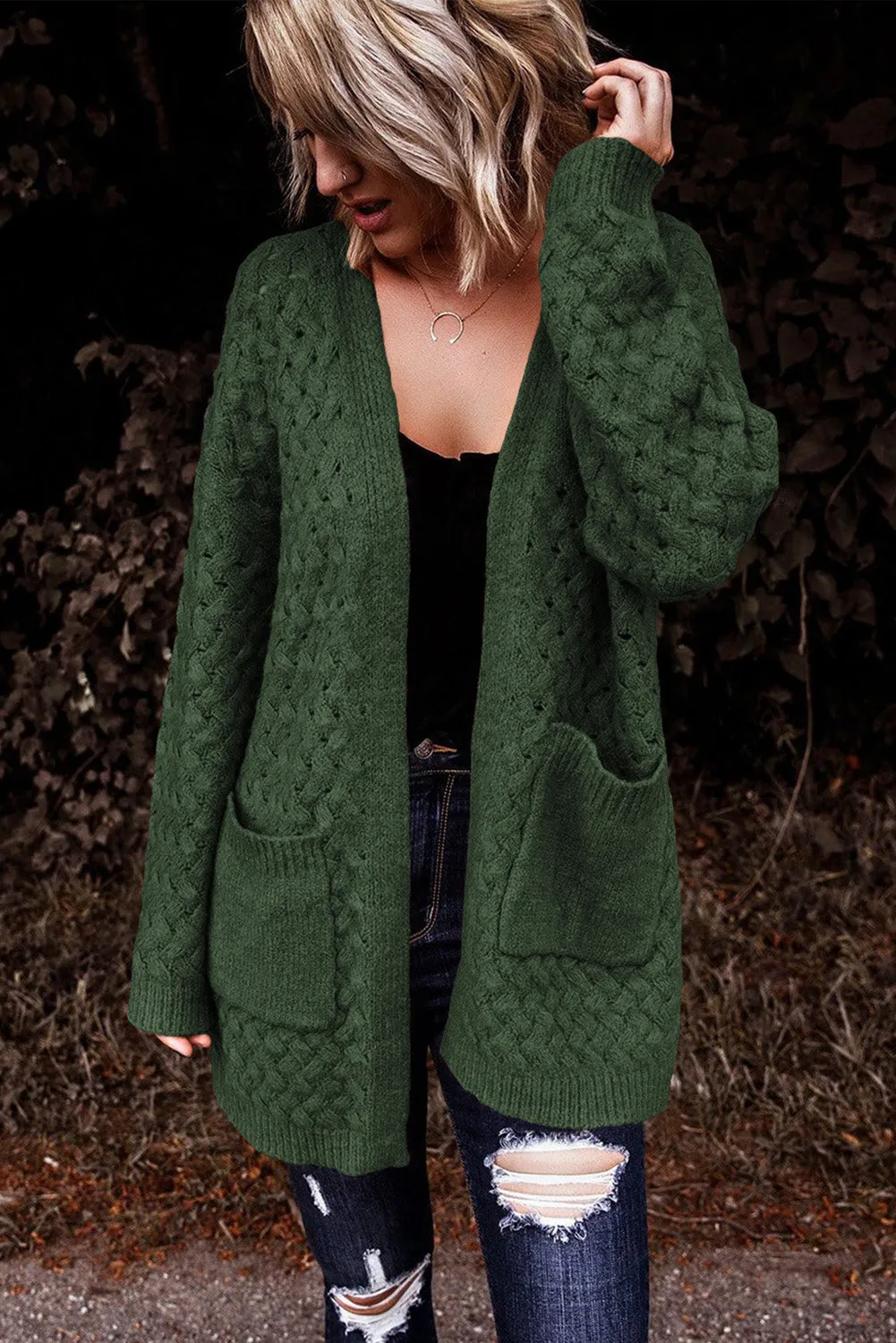 Green Brown Open Front Woven Texture Knitted Cardigan with Pockets