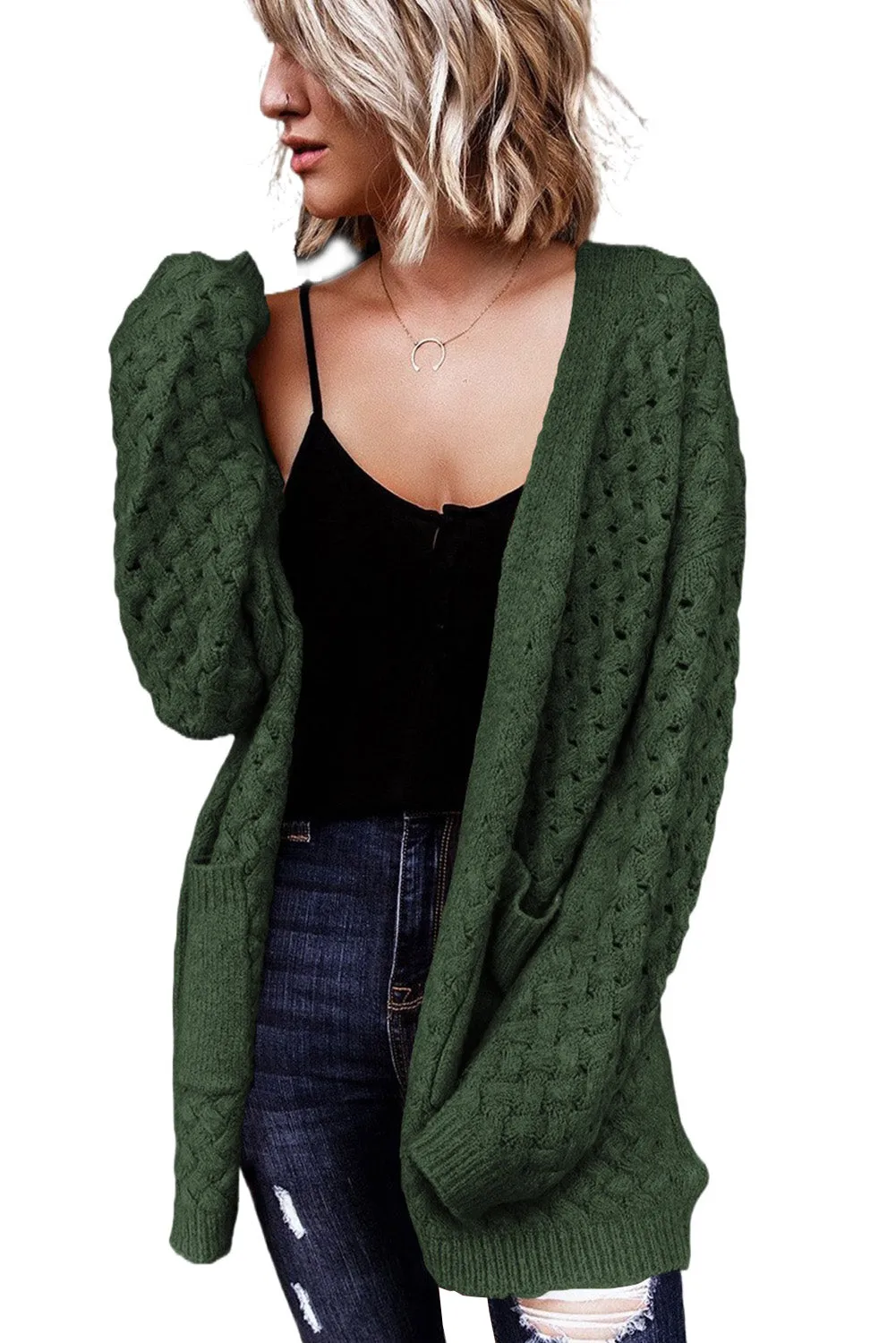 Green Brown Open Front Woven Texture Knitted Cardigan with Pockets