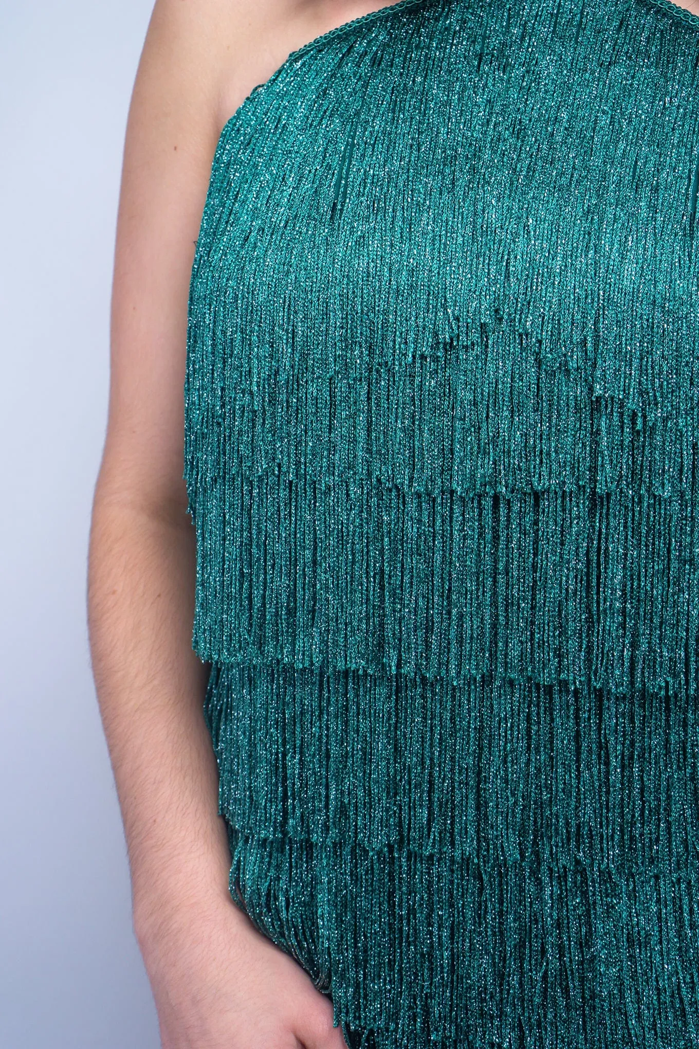 Green Lurex Fringe Tiered Dress