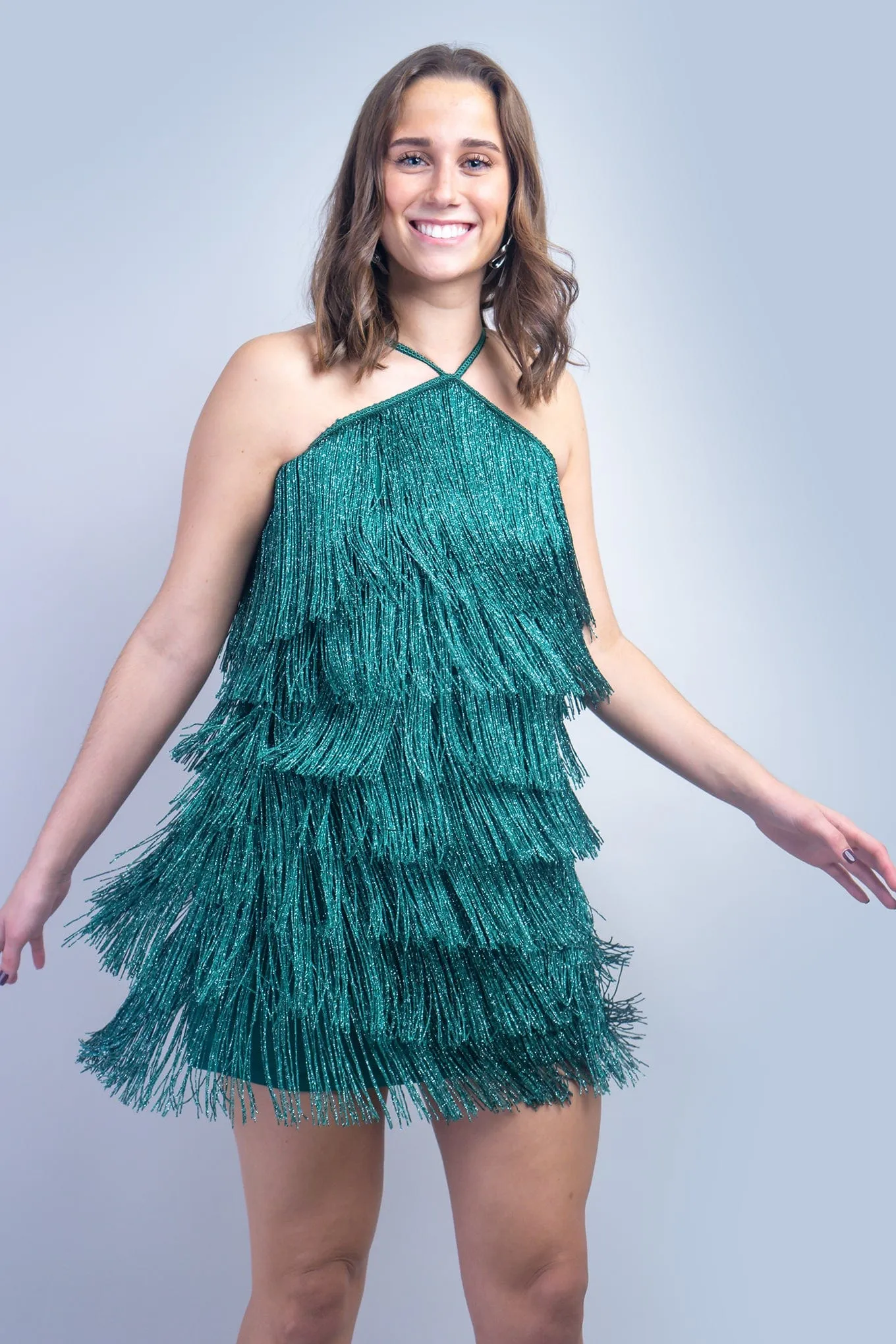 Green Lurex Fringe Tiered Dress