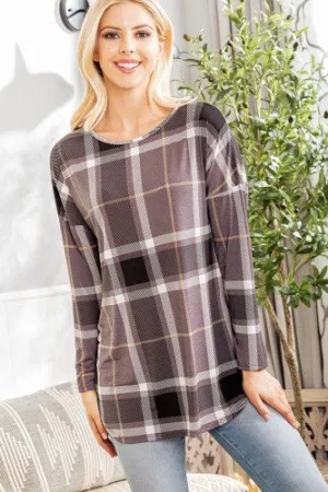 Grey Plaid Scoop Hem Blouse