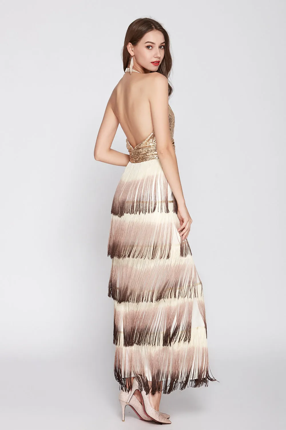 HALTER V-NECK SEQUIN LAYERERD TASSELS FORMAL DRESS