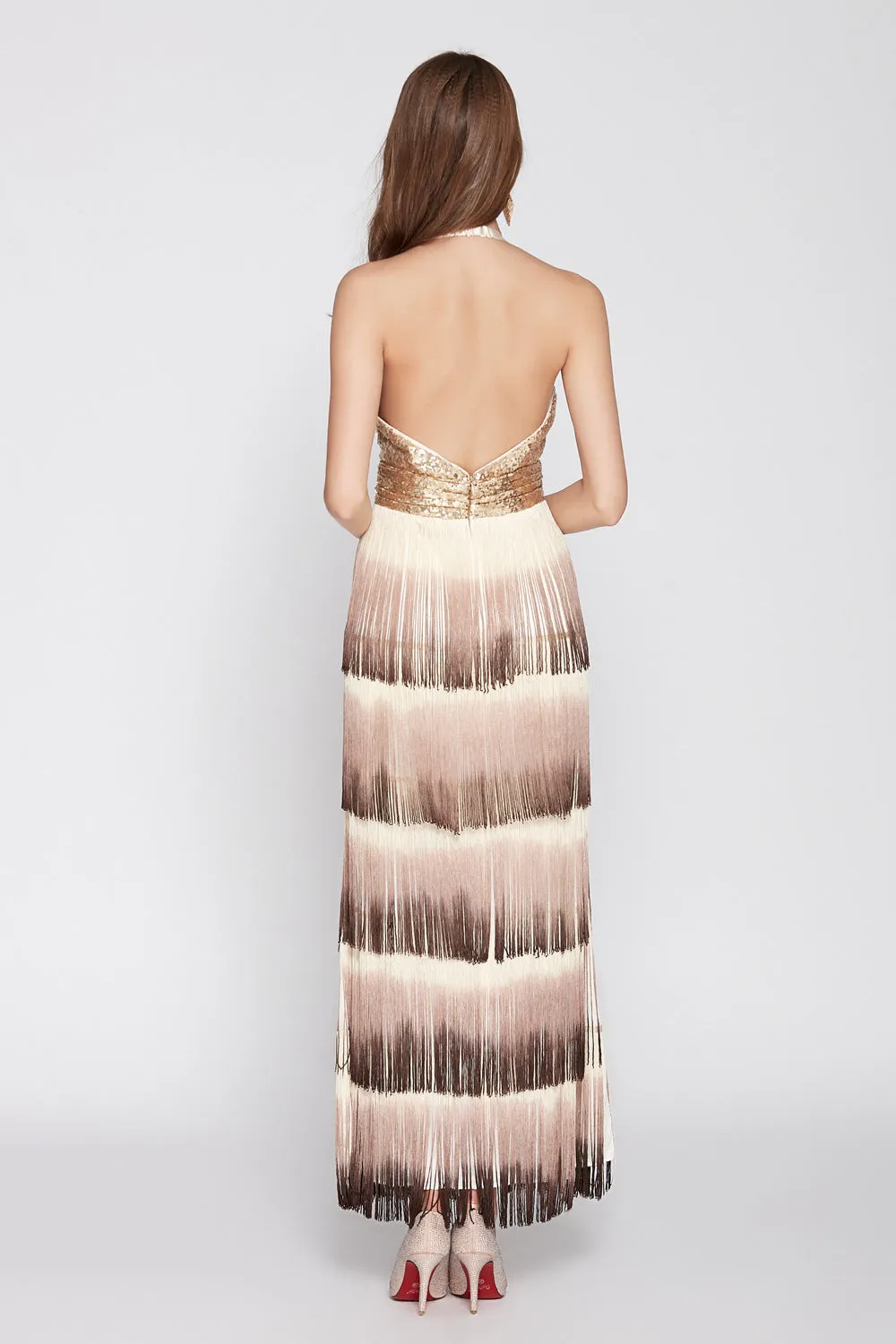 HALTER V-NECK SEQUIN LAYERERD TASSELS FORMAL DRESS